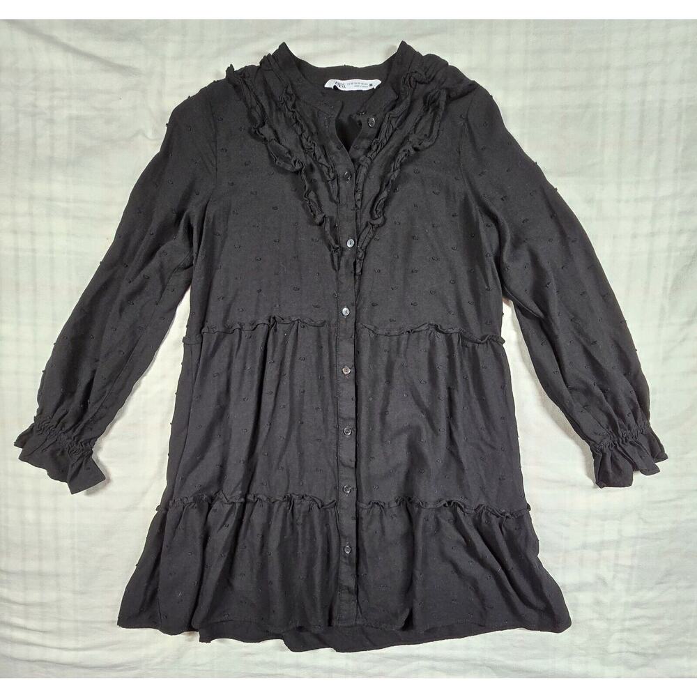 Zara Dress Tiered Ruffle Trim Long Puff Sleeve Full Button Swiss Dot Black XS